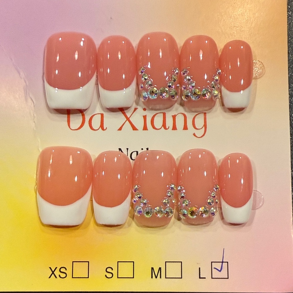 Pink and WhiteFrench Manicure  Press-On Nails with rhinestones